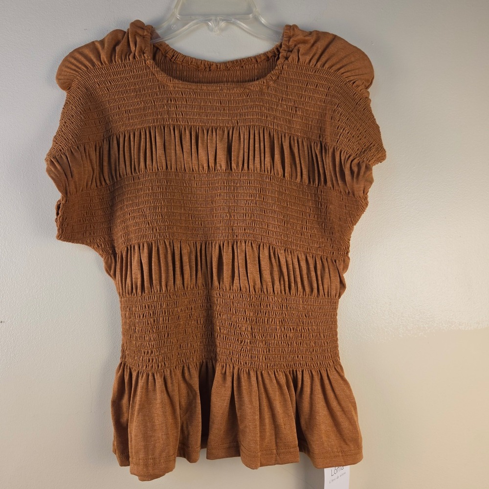 Loma Womens Smocked Peplum Top Rust Orange Short Sleeve Crew Neck Size M NWT